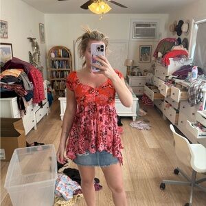 Free People Red Asymmetrical Ruffled Cap Sleeve Blouse